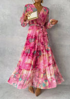 Maxikleid Damen mit Wickelausschnitt und Wasserfarben-Print – Isadora