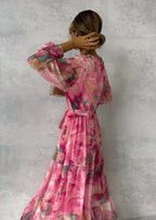 Maxikleid Damen mit Wickelausschnitt und Wasserfarben-Print – Isadora