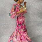 Maxikleid Damen mit Wickelausschnitt und Wasserfarben-Print – Isadora