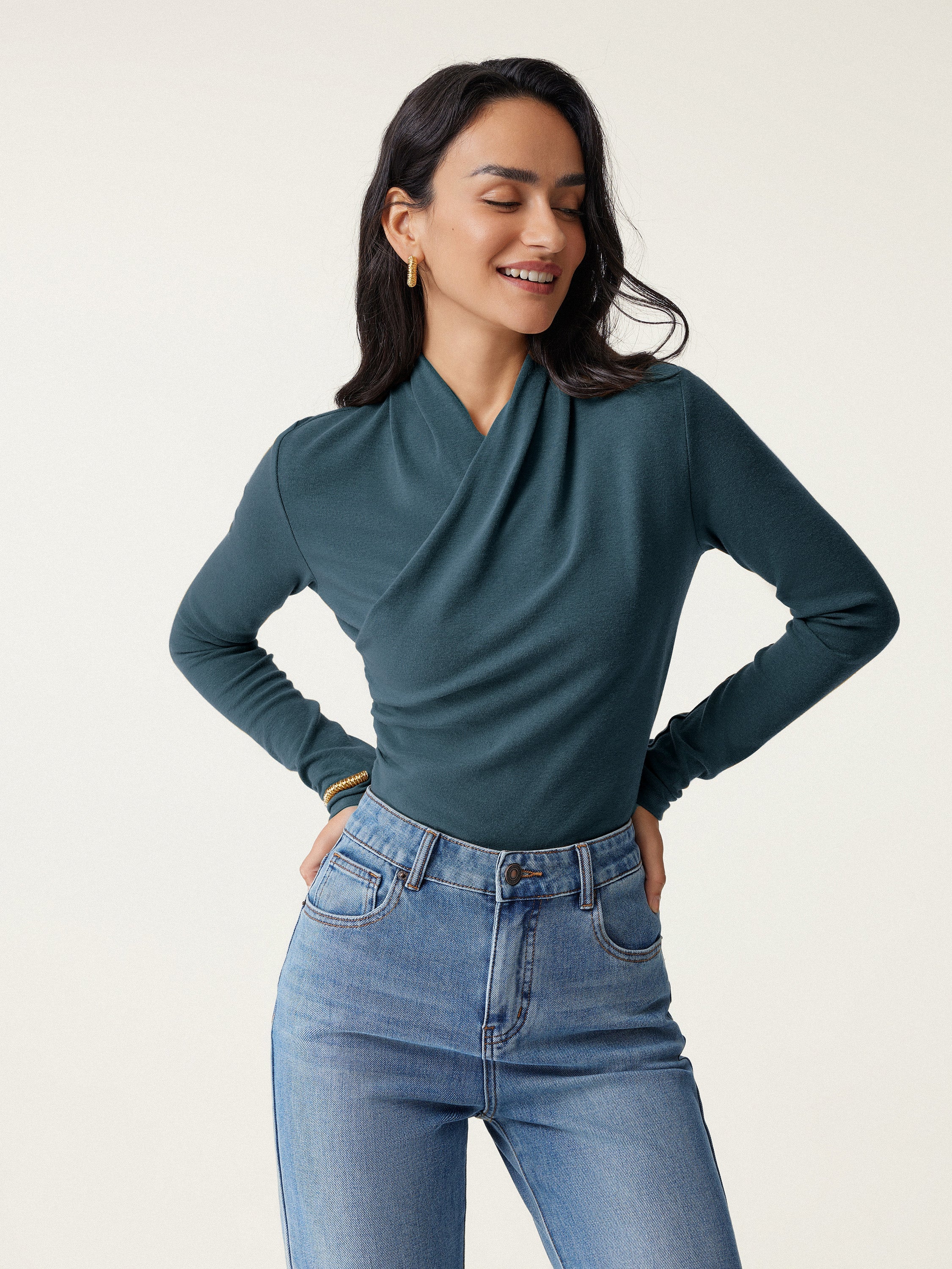 Longsleeve Damen mit Wickelausschnitt und geraffter Taille – Valentina