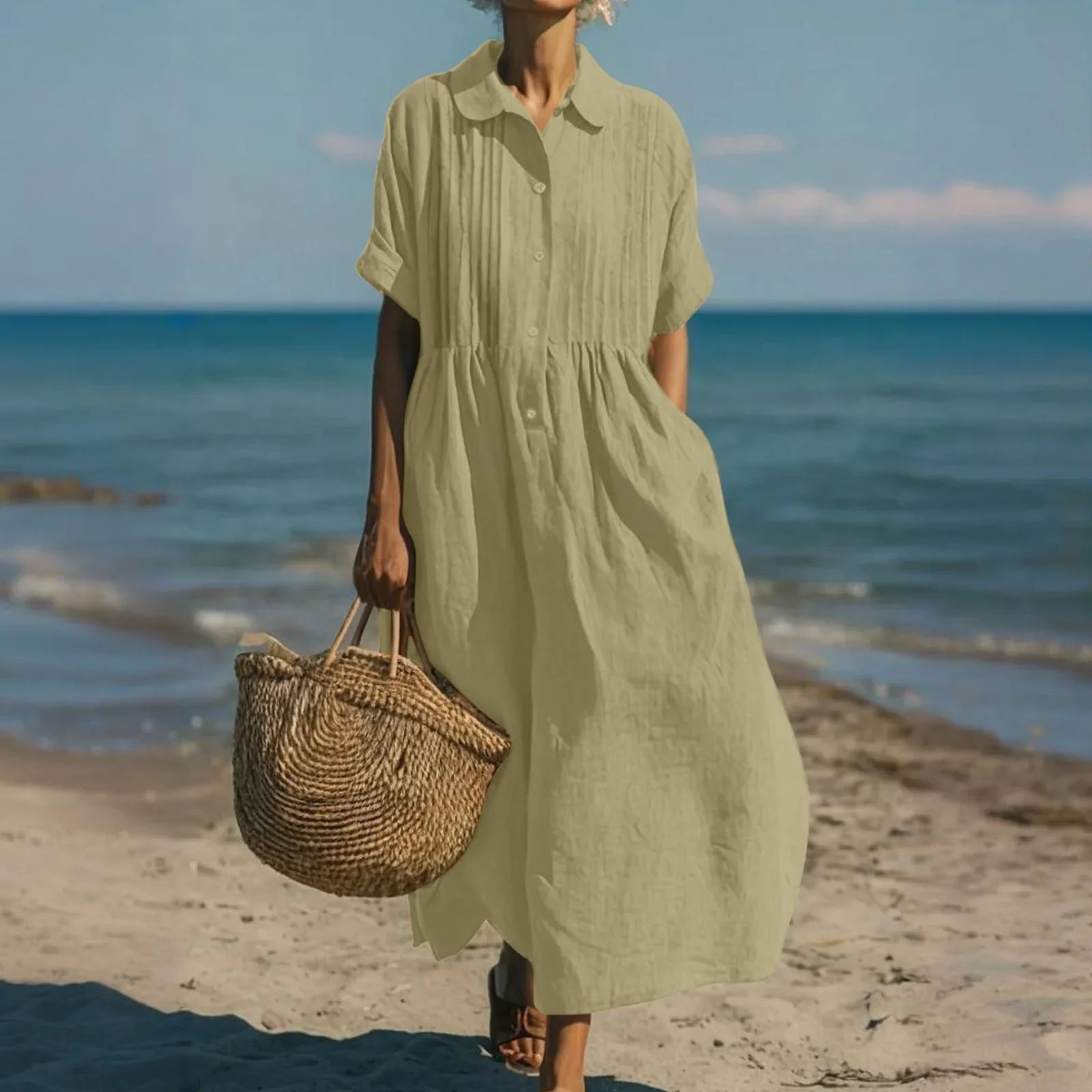 Hemdblusenkleid Damen mit Biesen-Detail und weitem Midirock – Bréanne