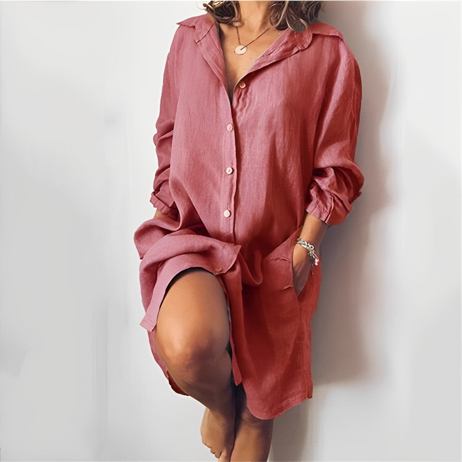 Minikleid Damen mit Hemdkragen und Leinenmix in Oversized-Schnitt – Romane