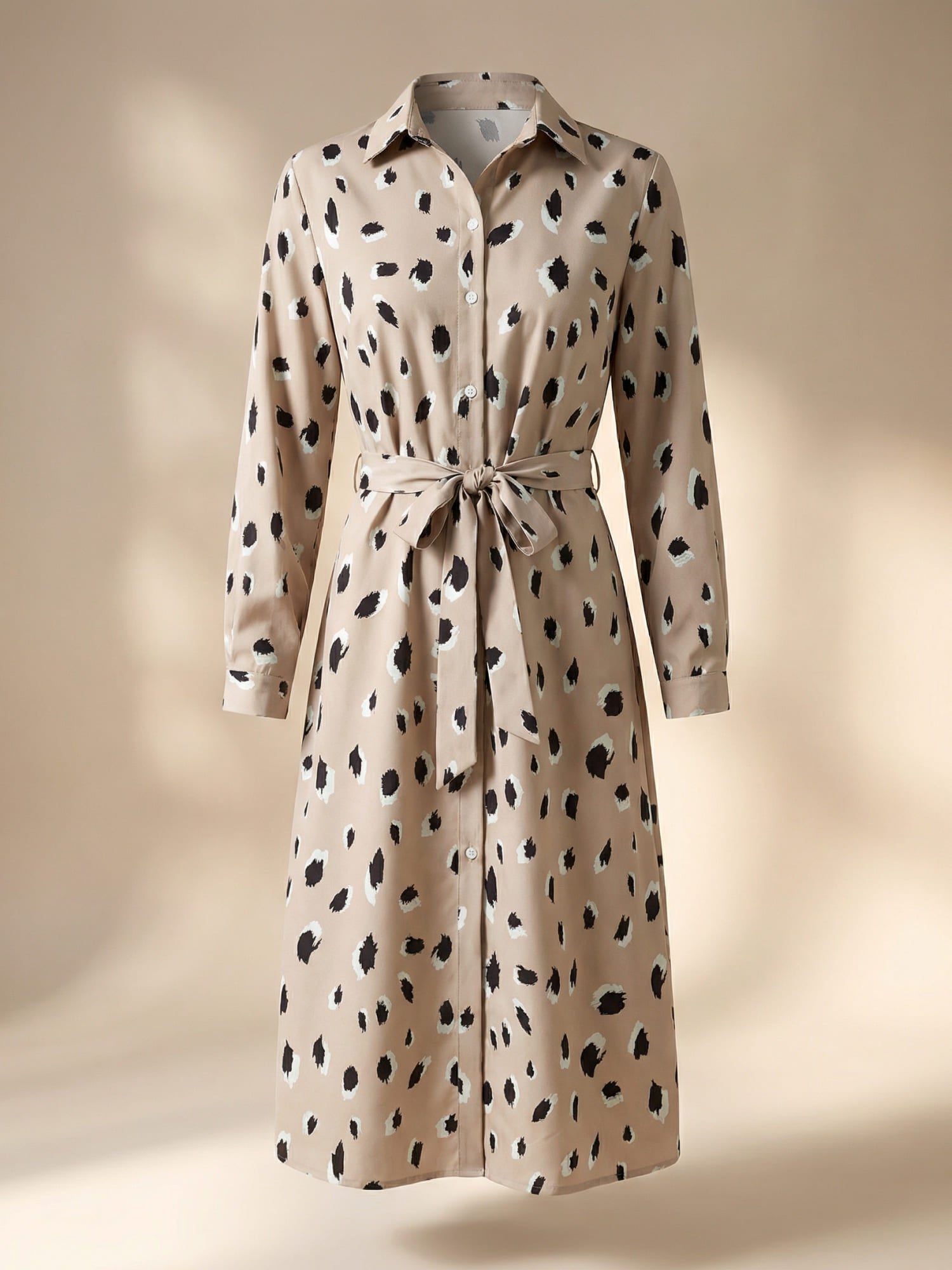 Midikleid Damen mit Hemdkragen und Tupfenmuster und Bindegürtel – Cornélie