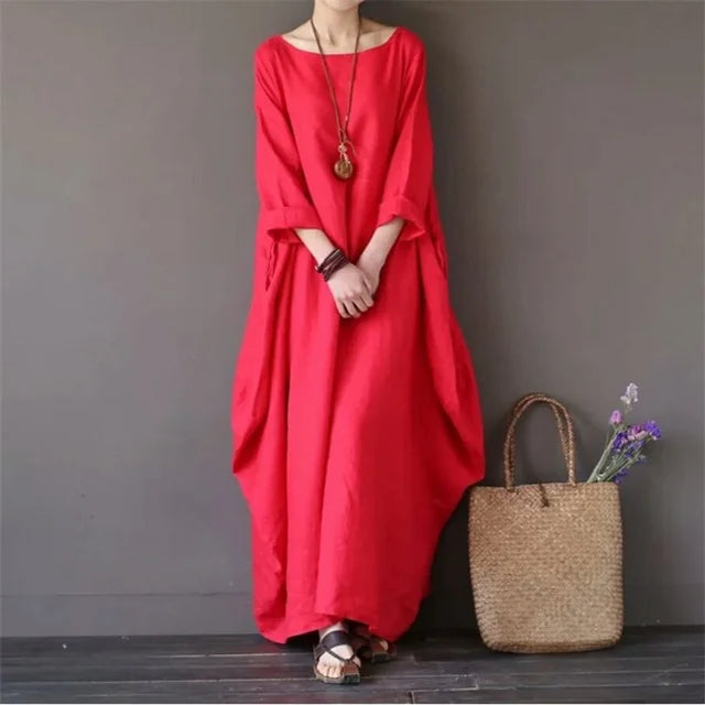 Maxikleid Damen mit Rundhalsausschnitt und Leinenmix in Oversized-Schnitt – Mireille