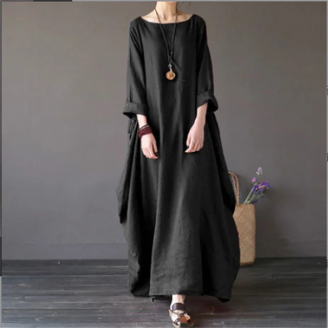 Maxikleid Damen mit Rundhalsausschnitt und Leinenmix in Oversized-Schnitt – Mireille
