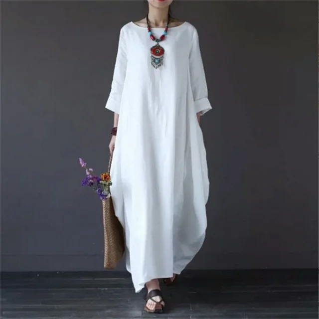 Maxikleid Damen mit Rundhalsausschnitt und Leinenmix in Oversized-Schnitt – Mireille