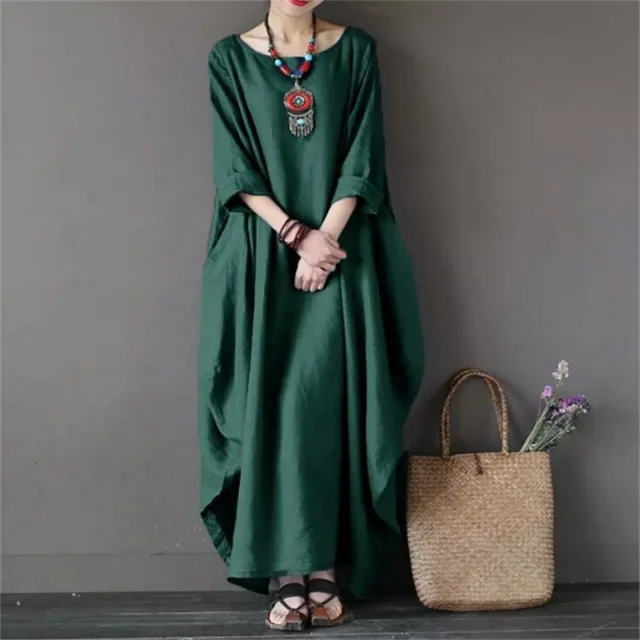 Maxikleid Damen mit Rundhalsausschnitt und Leinenmix in Oversized-Schnitt – Mireille