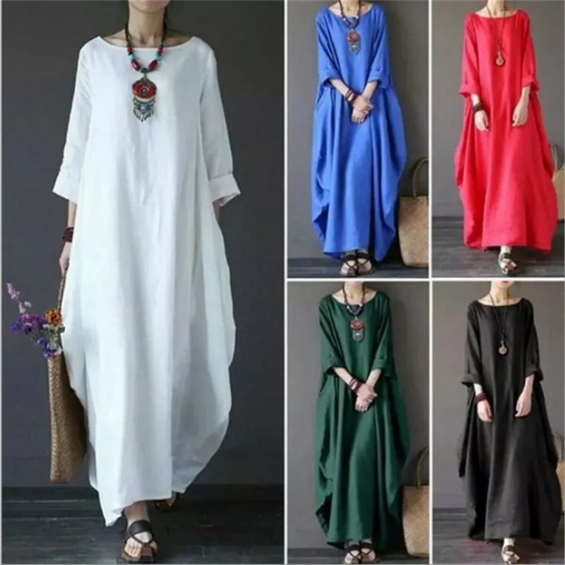 Maxikleid Damen mit Rundhalsausschnitt und Leinenmix in Oversized-Schnitt – Mireille