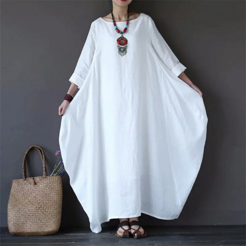 Maxikleid Damen mit Rundhalsausschnitt und Leinenmix in Oversized-Schnitt – Mireille