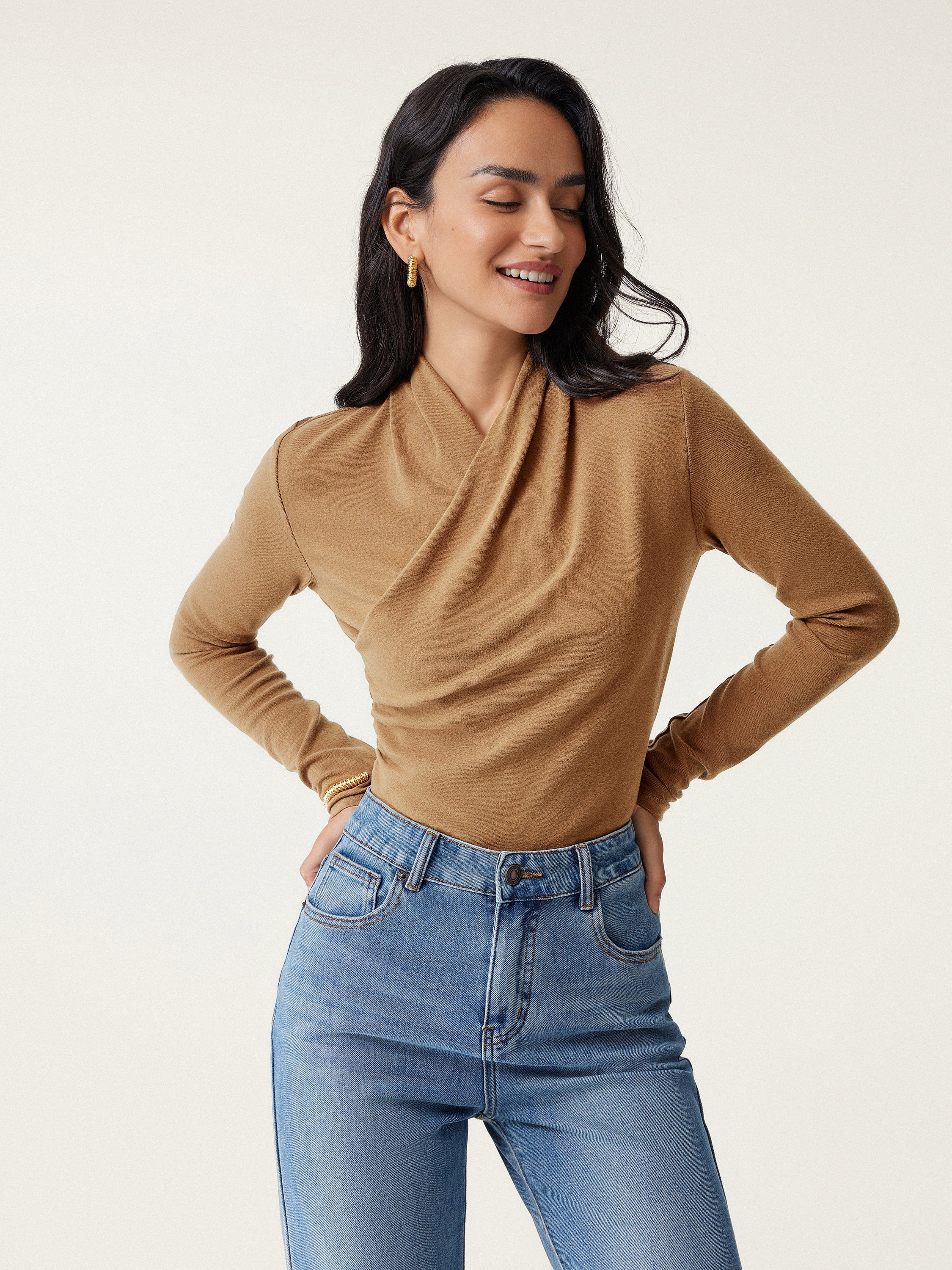 Longsleeve Damen mit Wickelausschnitt und geraffter Taille – Valentina