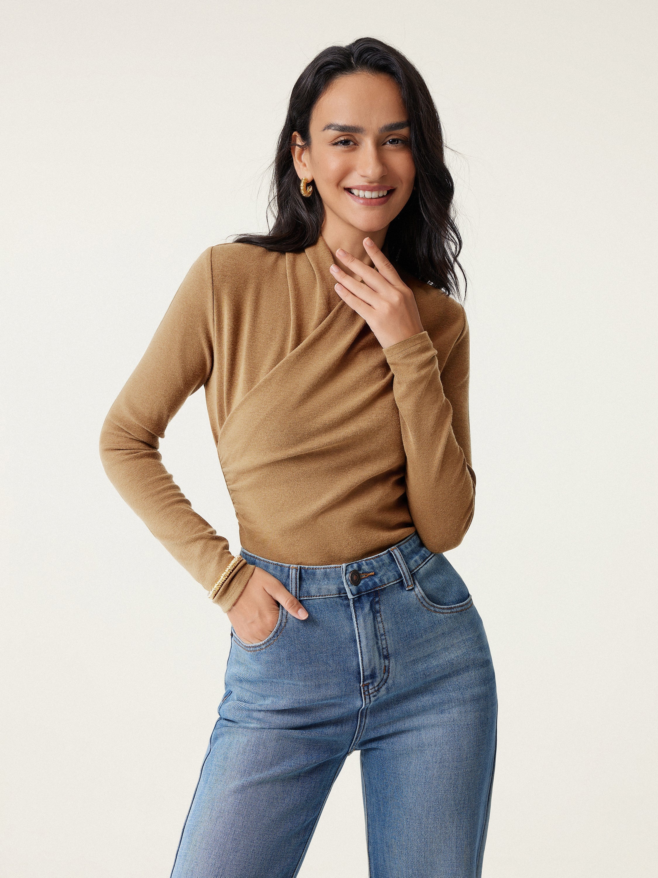 Longsleeve Damen mit Wickelausschnitt und geraffter Taille – Valentina
