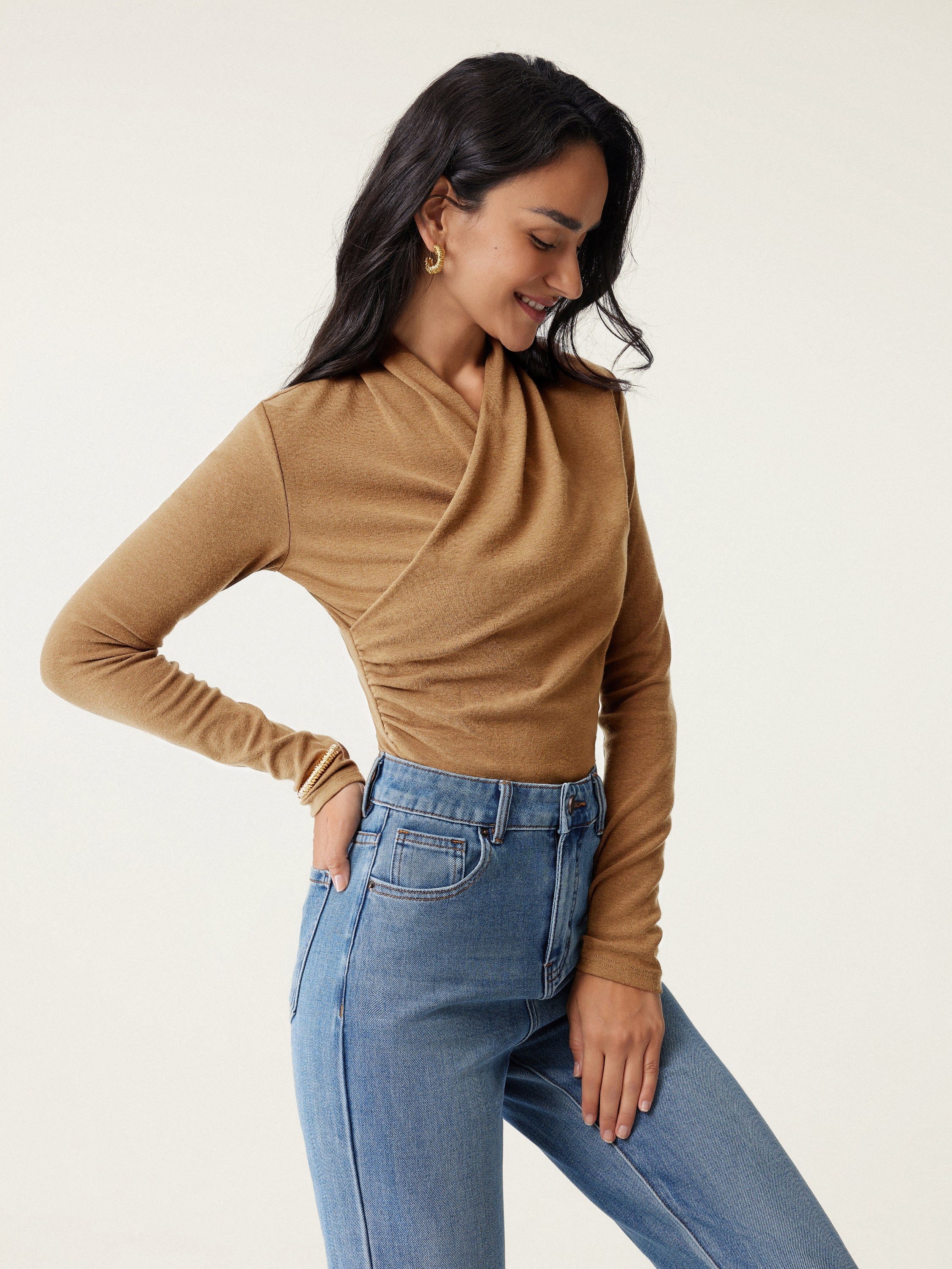 Longsleeve Damen mit Wickelausschnitt und geraffter Taille – Valentina