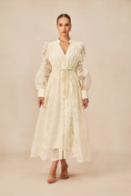 Spitzenkleid Damen mit Puffärmeln und Bindegürtel – Celestina