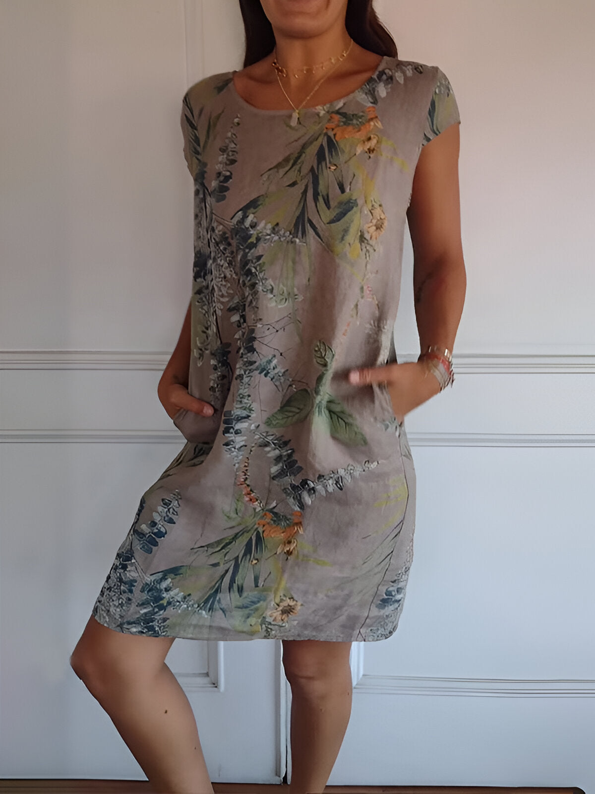 Midikleid Damen mit tropischem Blätterprint und Leinenmix in Relaxed Fit – Azaléa