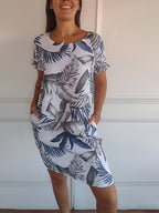 Midikleid Damen mit tropischem Blätterprint und Leinenmix in Relaxed Fit – Azaléa