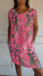 Midikleid Damen mit tropischem Blätterprint und Leinenmix in Relaxed Fit – Azaléa