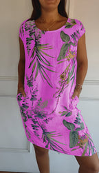 Midikleid Damen mit tropischem Blätterprint und Leinenmix in Relaxed Fit – Azaléa