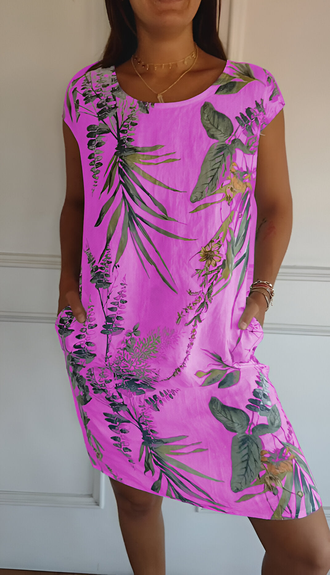 Midikleid Damen mit tropischem Blätterprint und Leinenmix in Relaxed Fit – Azaléa