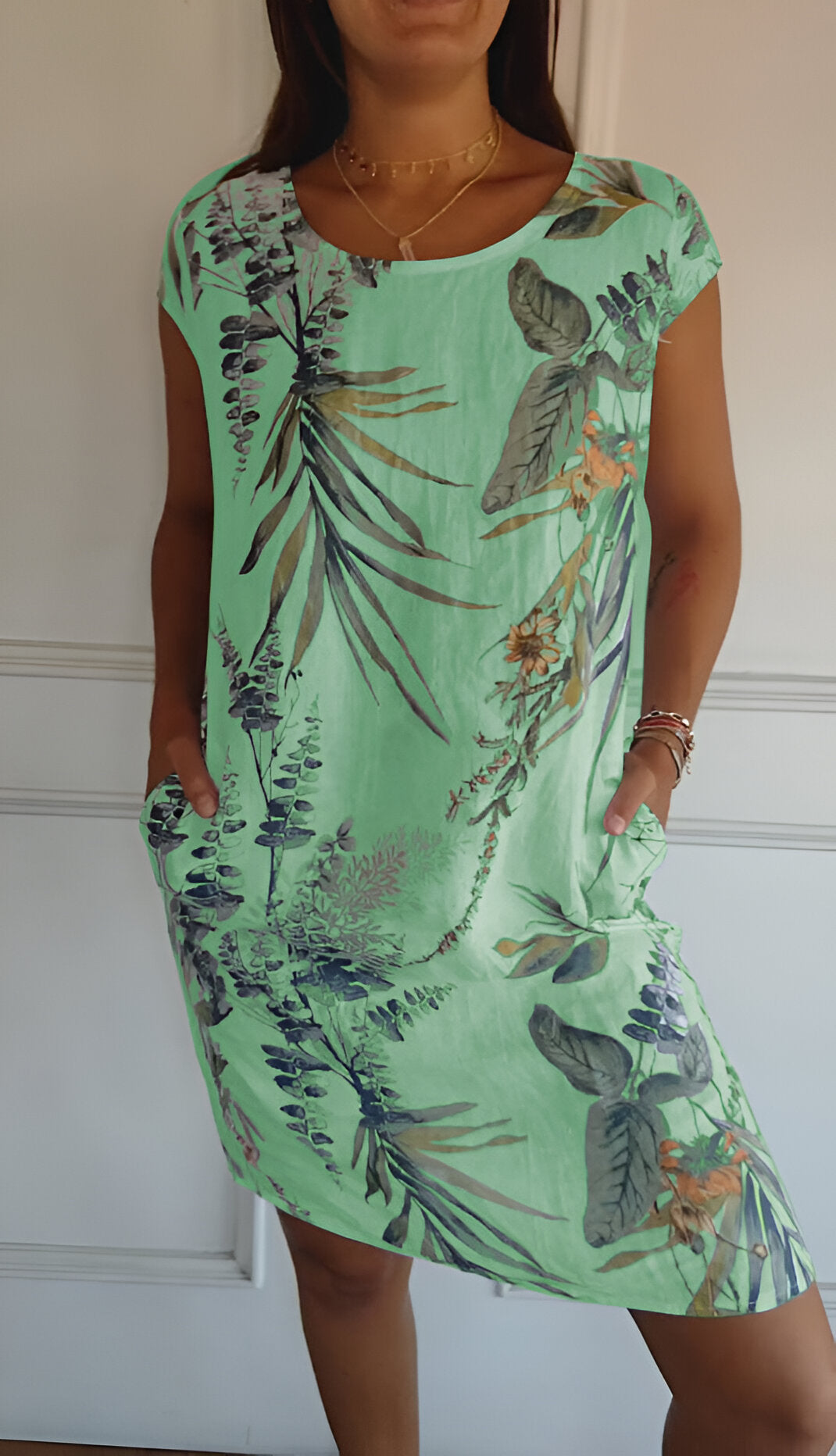 Midikleid Damen mit tropischem Blätterprint und Leinenmix in Relaxed Fit – Azaléa