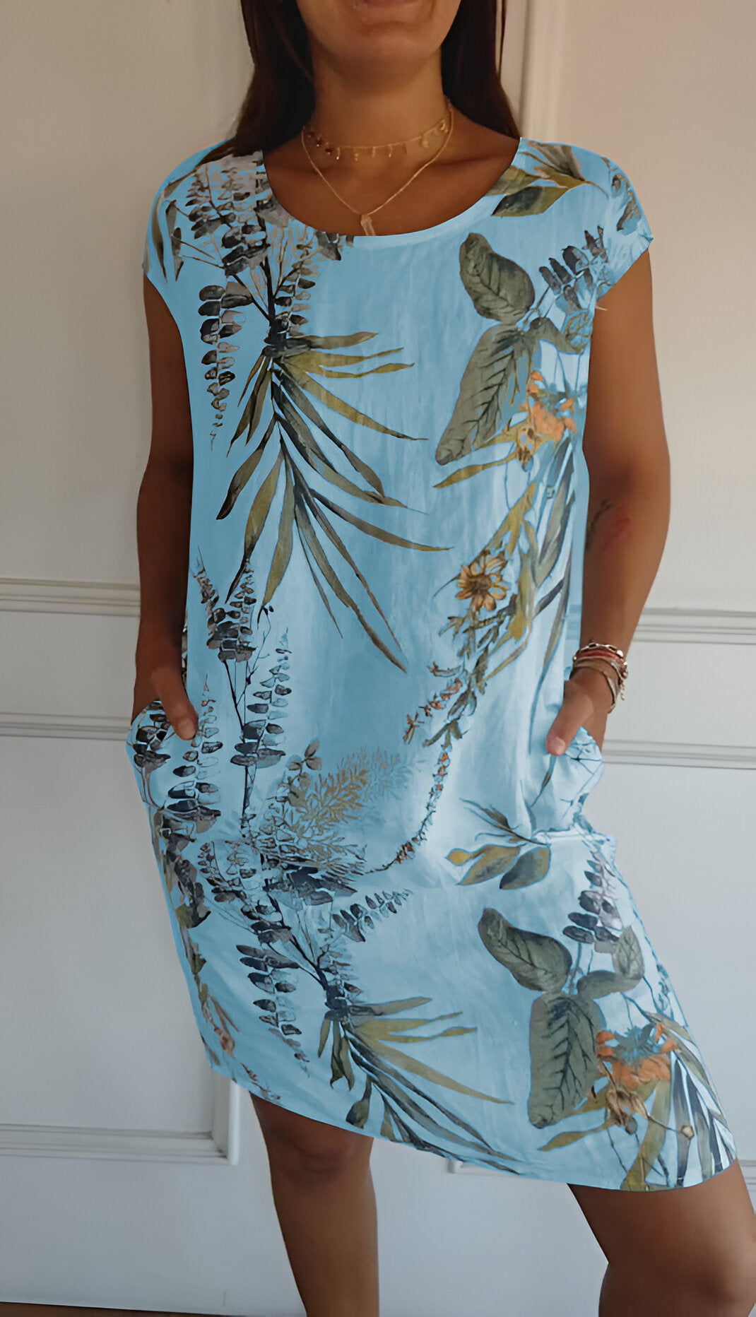 Midikleid Damen mit tropischem Blätterprint und Leinenmix in Relaxed Fit – Azaléa