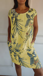 Midikleid Damen mit tropischem Blätterprint und Leinenmix in Relaxed Fit – Azaléa