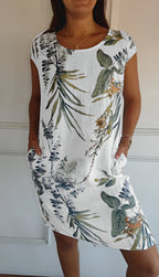 Midikleid Damen mit tropischem Blätterprint und Leinenmix in Relaxed Fit – Azaléa