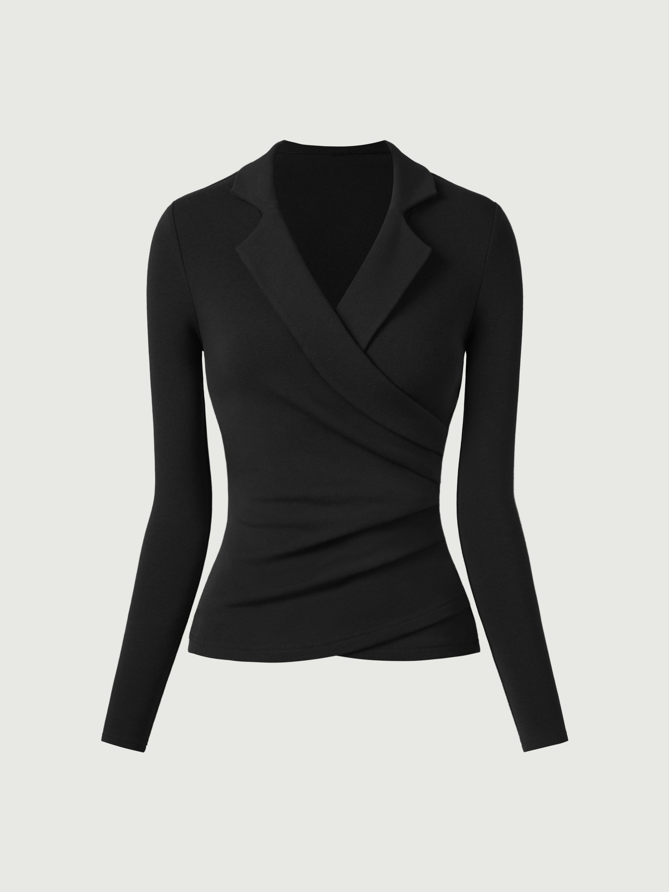 Strickbluse Damen mit Wickelausschnitt und Blazer-Kragen – Romina