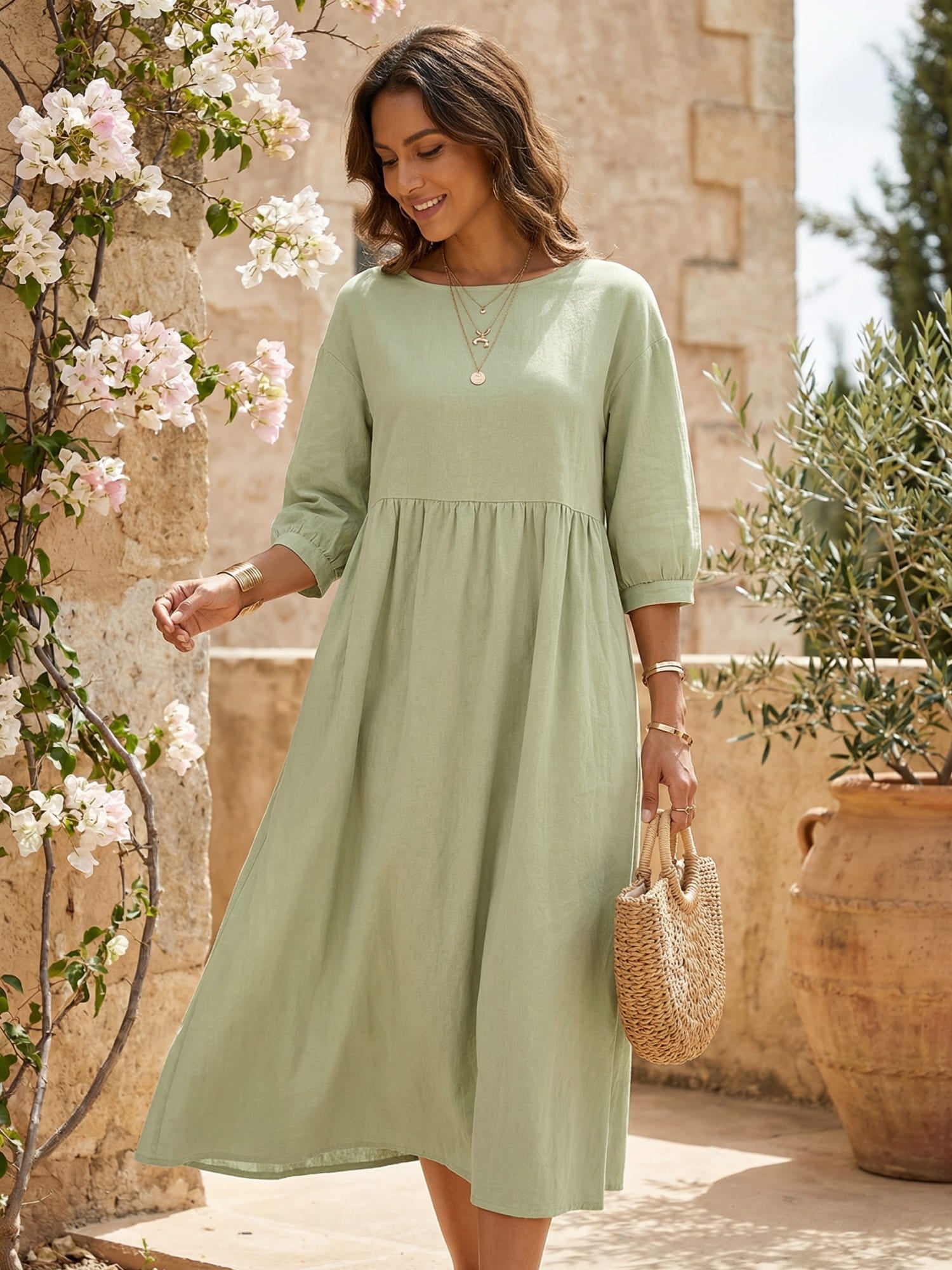 Midikleid Damen mit Rundhalsausschnitt und Leinenmix-Qualität – Noëline