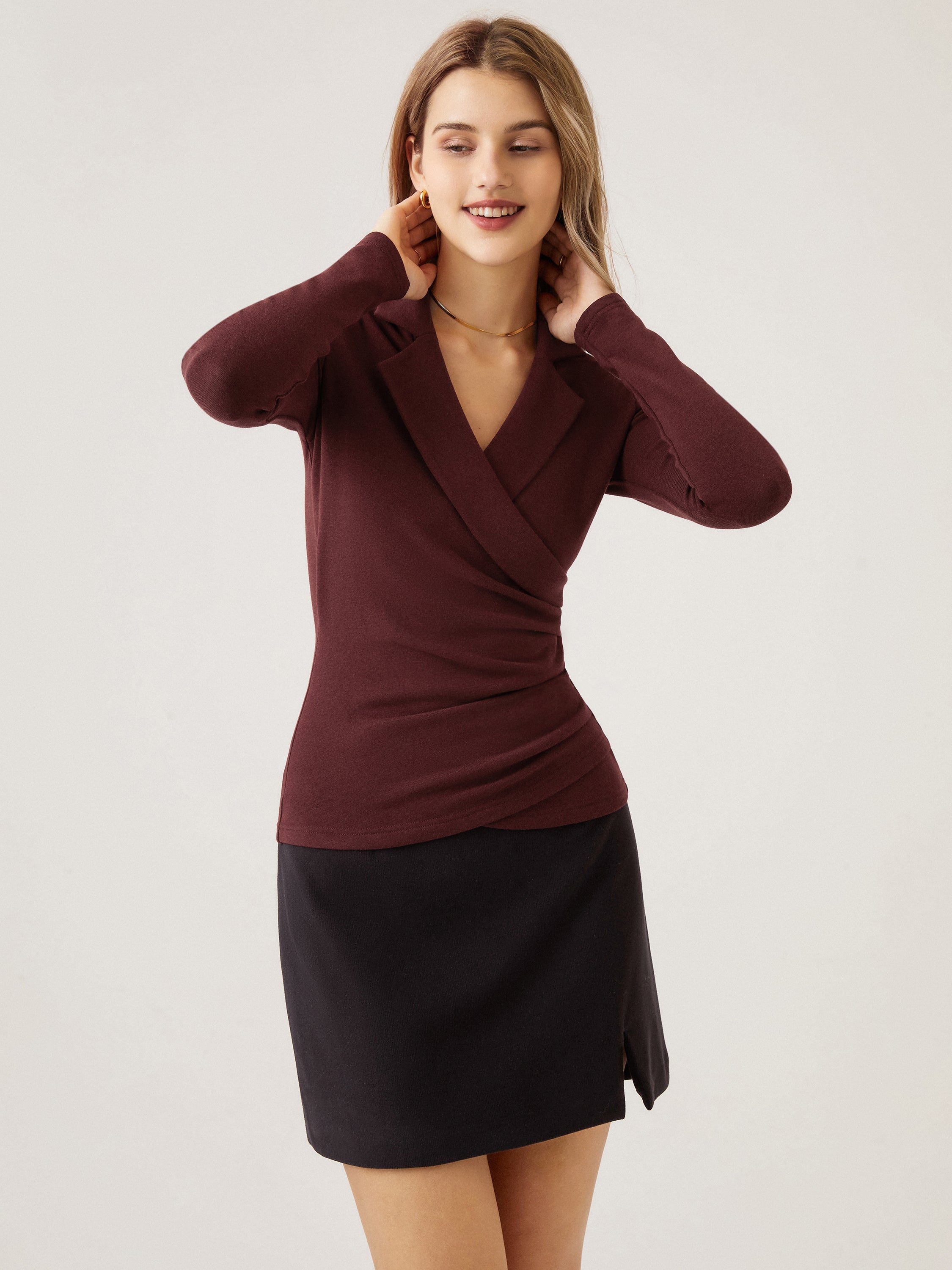 Strickbluse Damen mit Wickelausschnitt und Blazer-Kragen – Romina