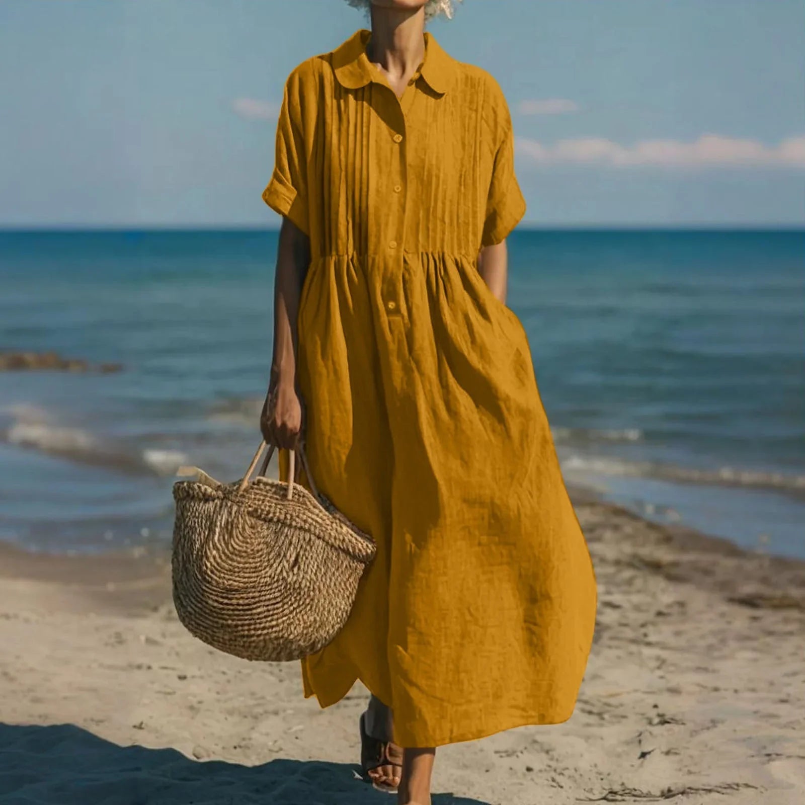 Hemdblusenkleid Damen mit Biesen-Detail und weitem Midirock – Bréanne