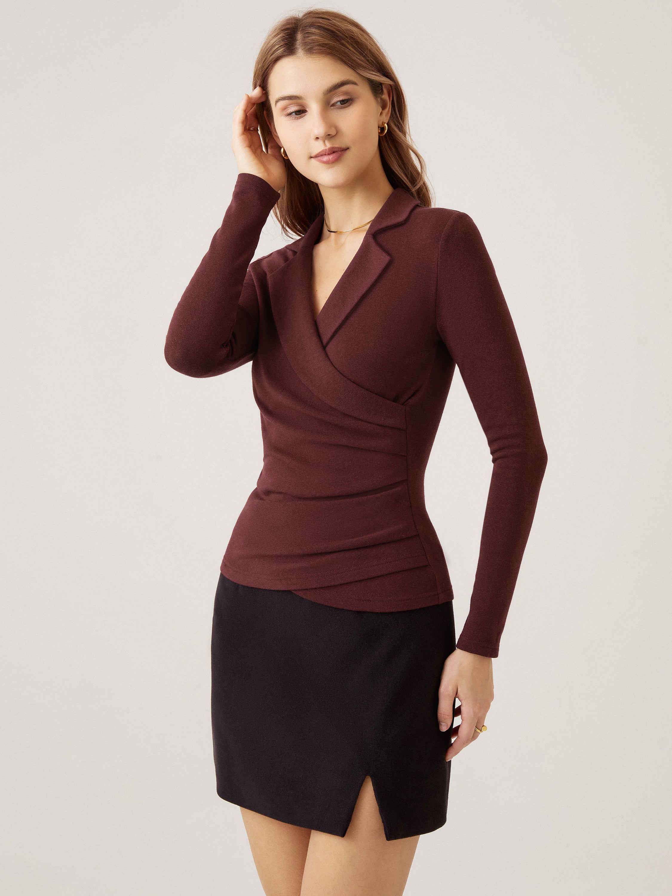 Strickbluse Damen mit Wickelausschnitt und Blazer-Kragen – Romina