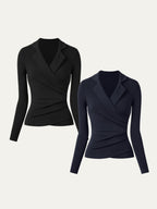 Strickbluse Damen mit Wickelausschnitt und Blazer-Kragen – Romina
