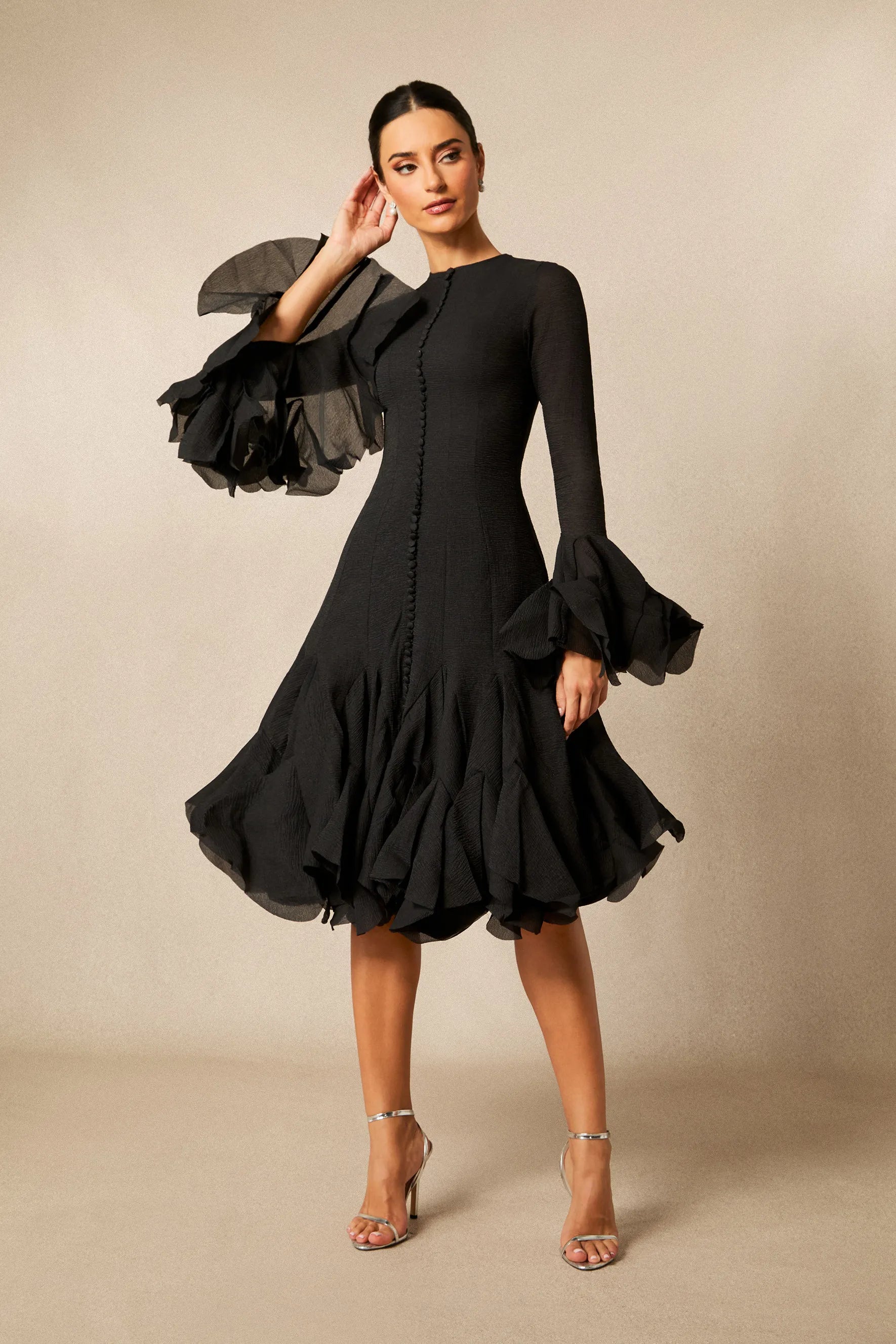 Cocktailkleid Damen mit Rüschenärmeln und ausgestelltem Rock – Ornella