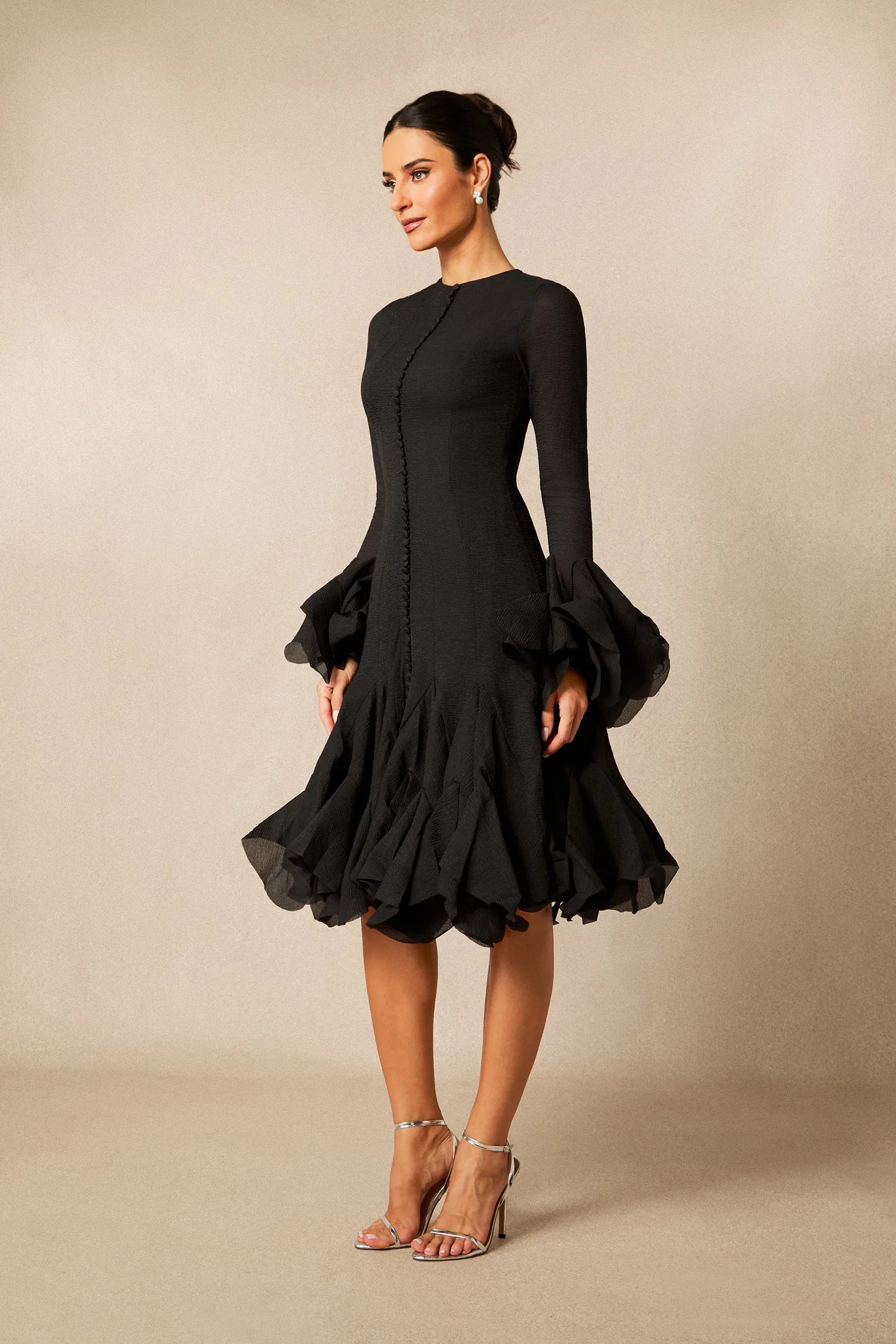 Cocktailkleid Damen mit Rüschenärmeln und ausgestelltem Rock – Ornella