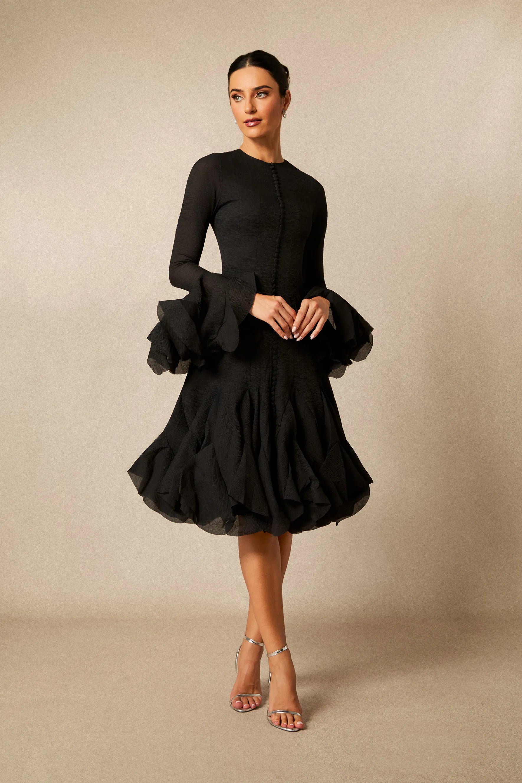 Cocktailkleid Damen mit Rüschenärmeln und ausgestelltem Rock – Ornella