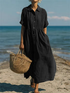 Hemdblusenkleid Damen mit Biesen-Detail und weitem Midirock – Bréanne