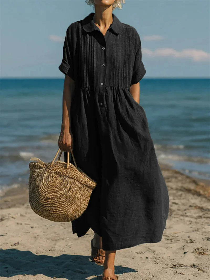 Hemdblusenkleid Damen mit Biesen-Detail und weitem Midirock – Bréanne