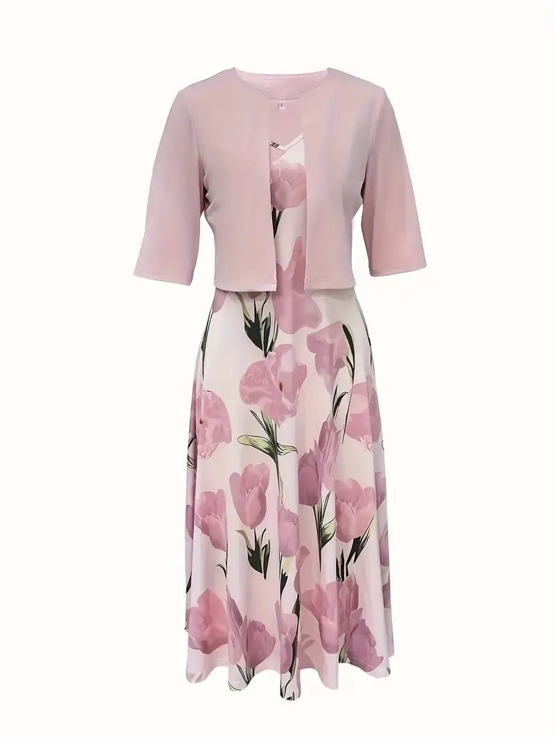 Zweiteiler Damen mit Blumenprint-Midikleid und passendem Kurzjacke – Florentine