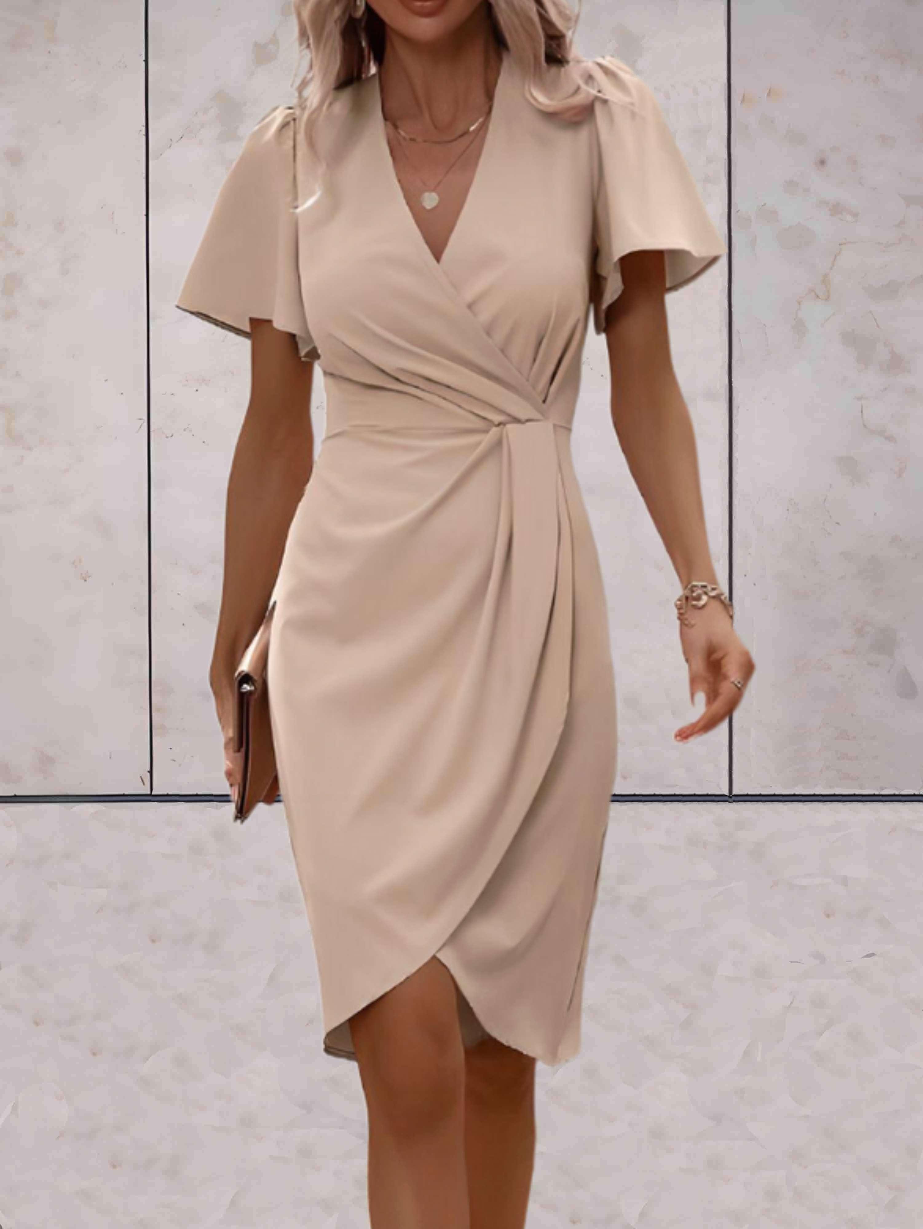 Wickelkleid Damen mit Flatterärmeln und geraffter Taille in Crêpe-Qualität – Colombe