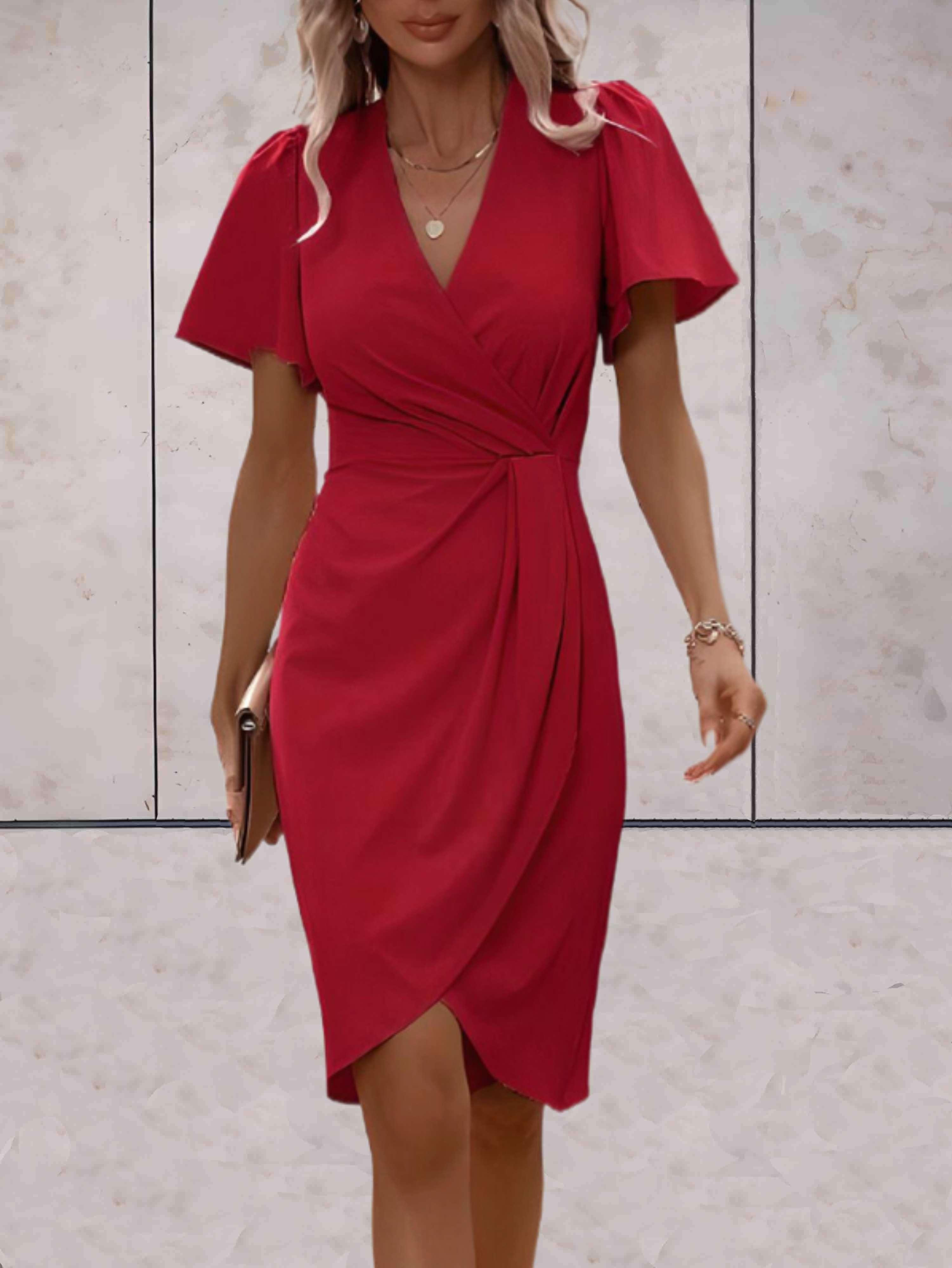 Wickelkleid Damen mit Flatterärmeln und geraffter Taille in Crêpe-Qualität – Colombe