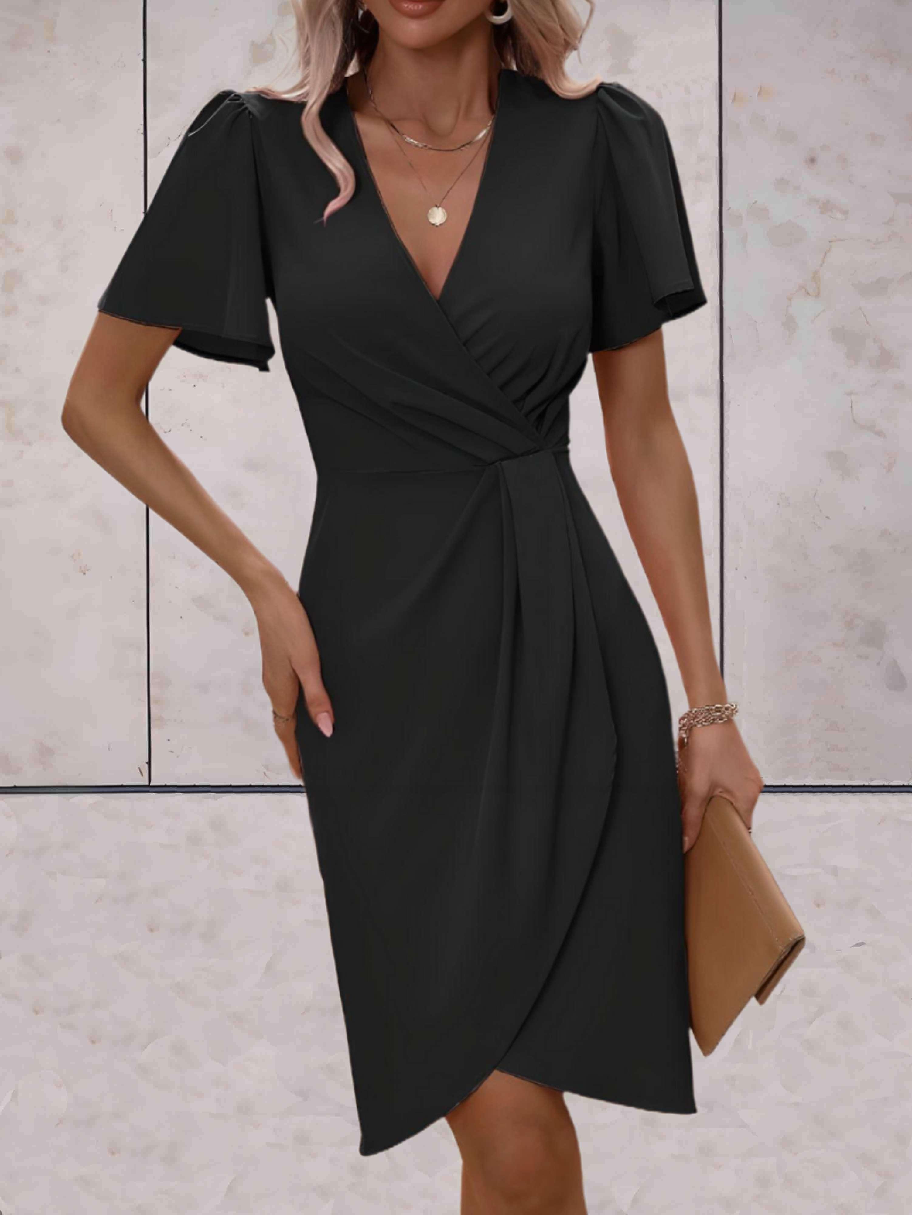 Wickelkleid Damen mit Flatterärmeln und geraffter Taille in Crêpe-Qualität – Colombe