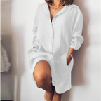 Minikleid Damen mit Hemdkragen und Leinenmix in Oversized-Schnitt – Romane