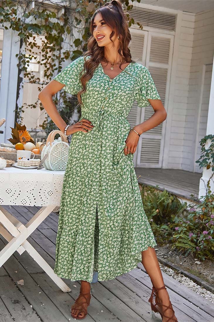 Midikleid Damen mit Ditsy-Blumen-Print und Kordelzug-Taille – Louisette