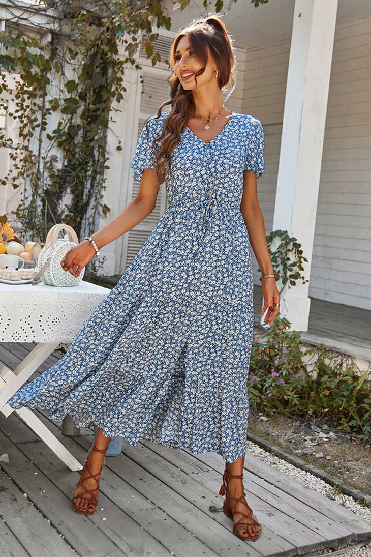 Midikleid Damen mit Ditsy-Blumen-Print und Kordelzug-Taille – Louisette