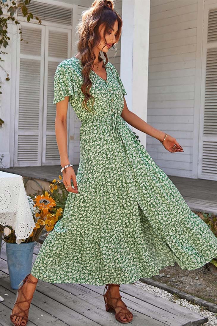 Midikleid Damen mit Ditsy-Blumen-Print und Kordelzug-Taille – Louisette