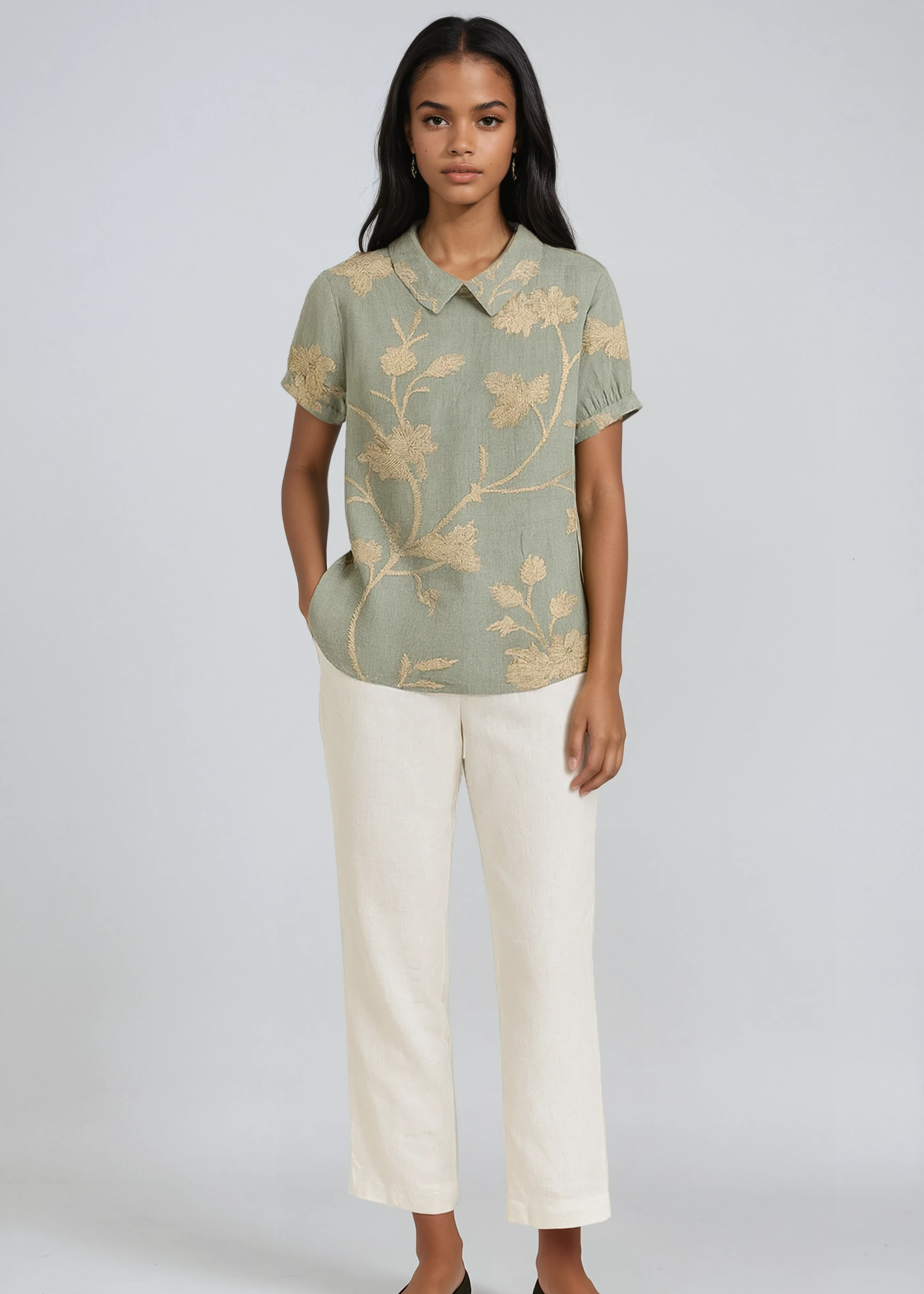 Bluse Damen mit Blumen-Print und Peter-Pan-Kragen – Colombe