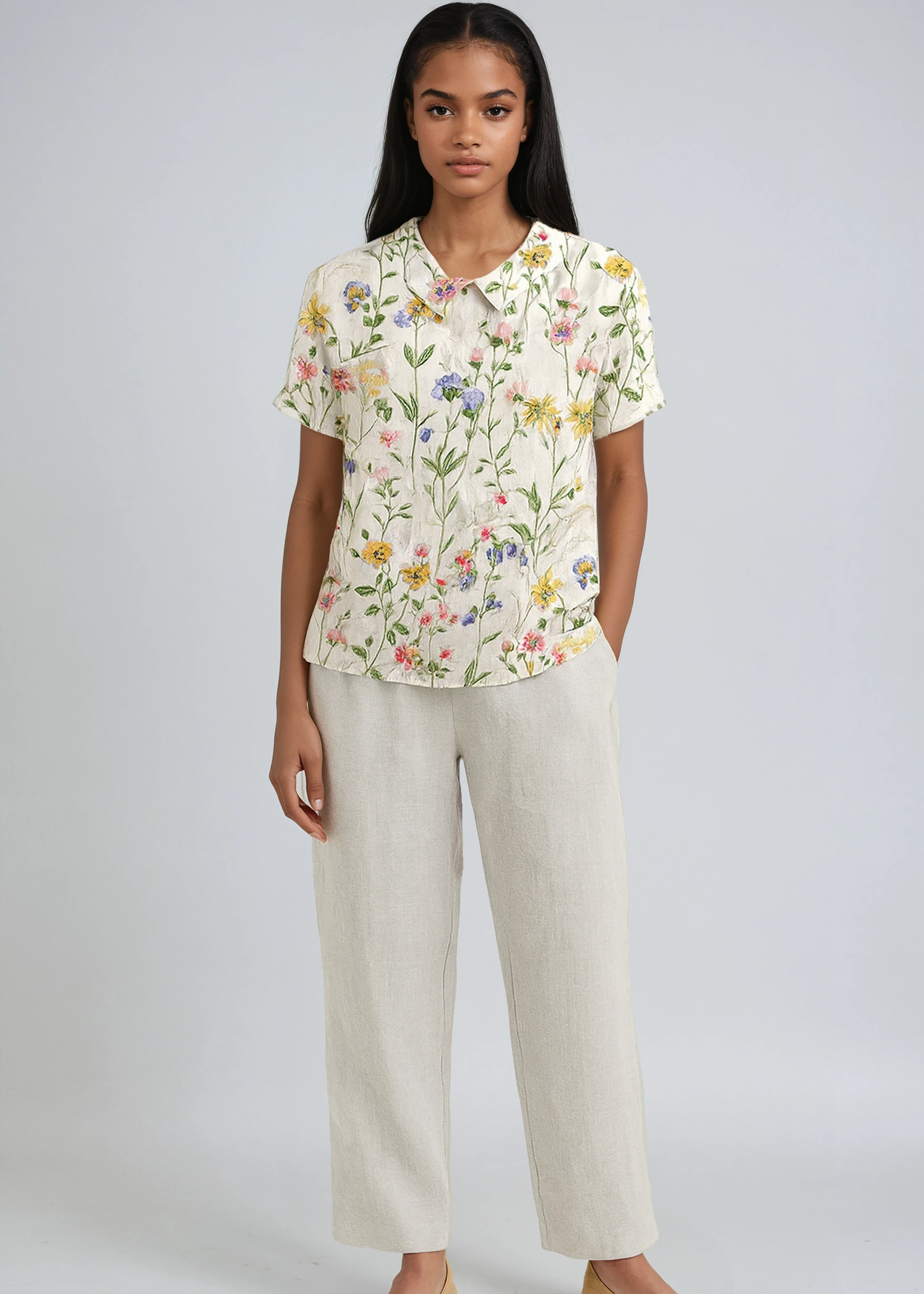 Bluse Damen mit Blumen-Print und Peter-Pan-Kragen – Colombe