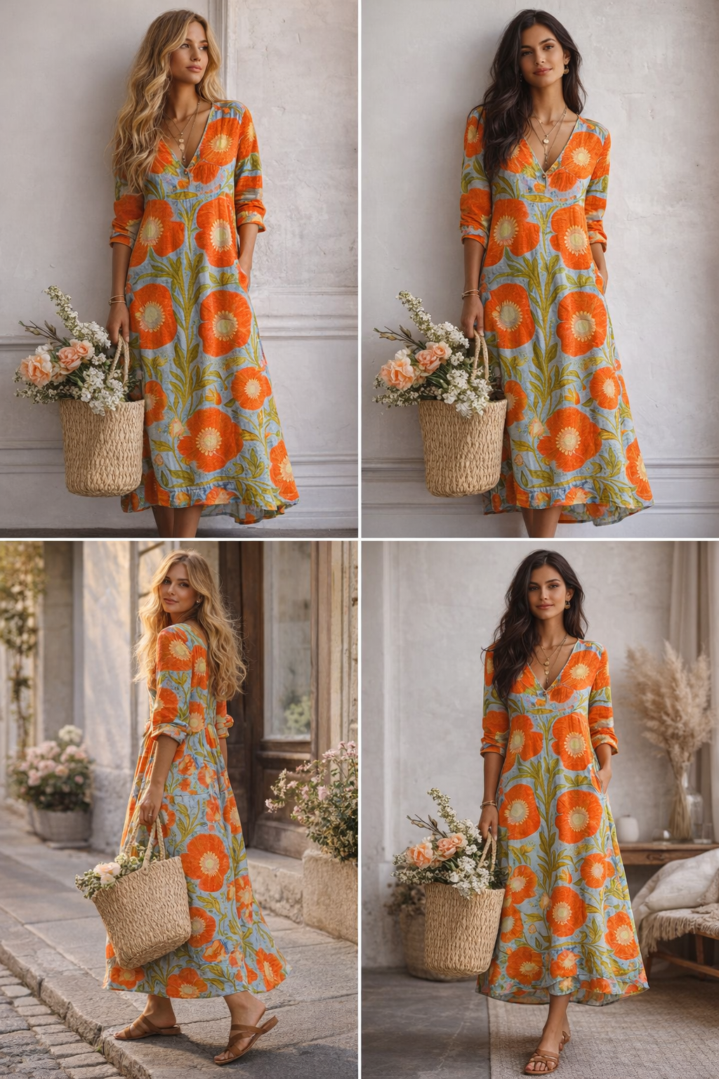 Maxikleid Damen mit großformatigem Retro-Blumen-Print und V-Ausschnitt – Solange