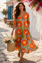 Maxikleid Damen mit großformatigem Retro-Blumen-Print und V-Ausschnitt – Solange
