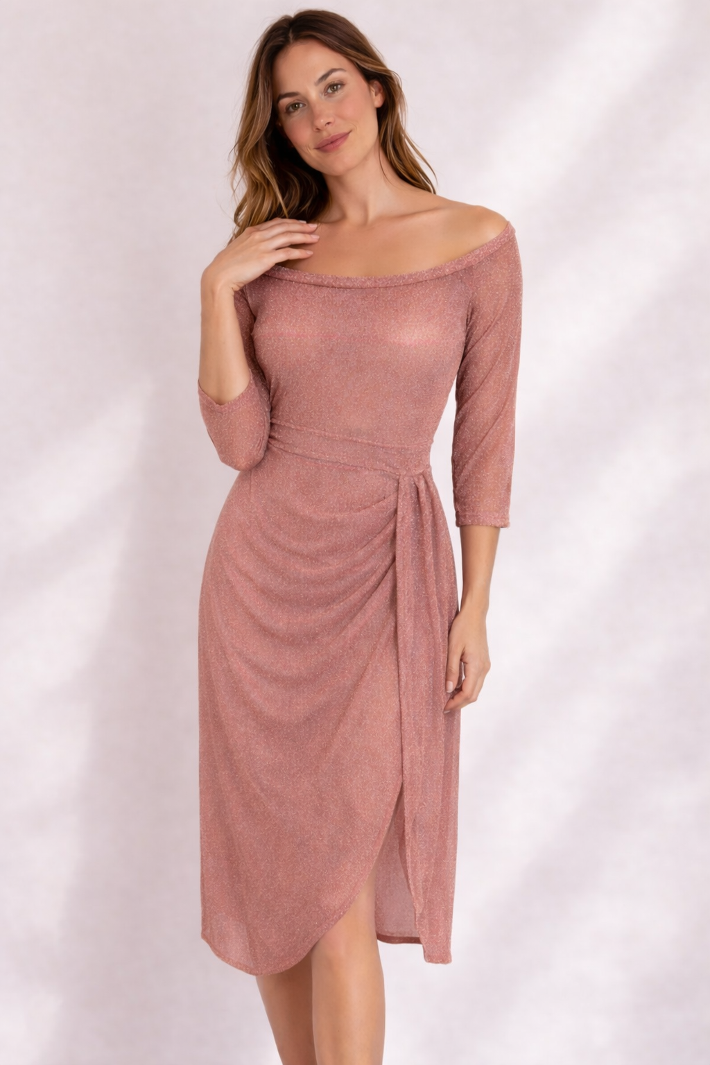 Wickelkleid Damen mit Off-Shoulder-Ausschnitt und Glitzer-Optik – Delphine